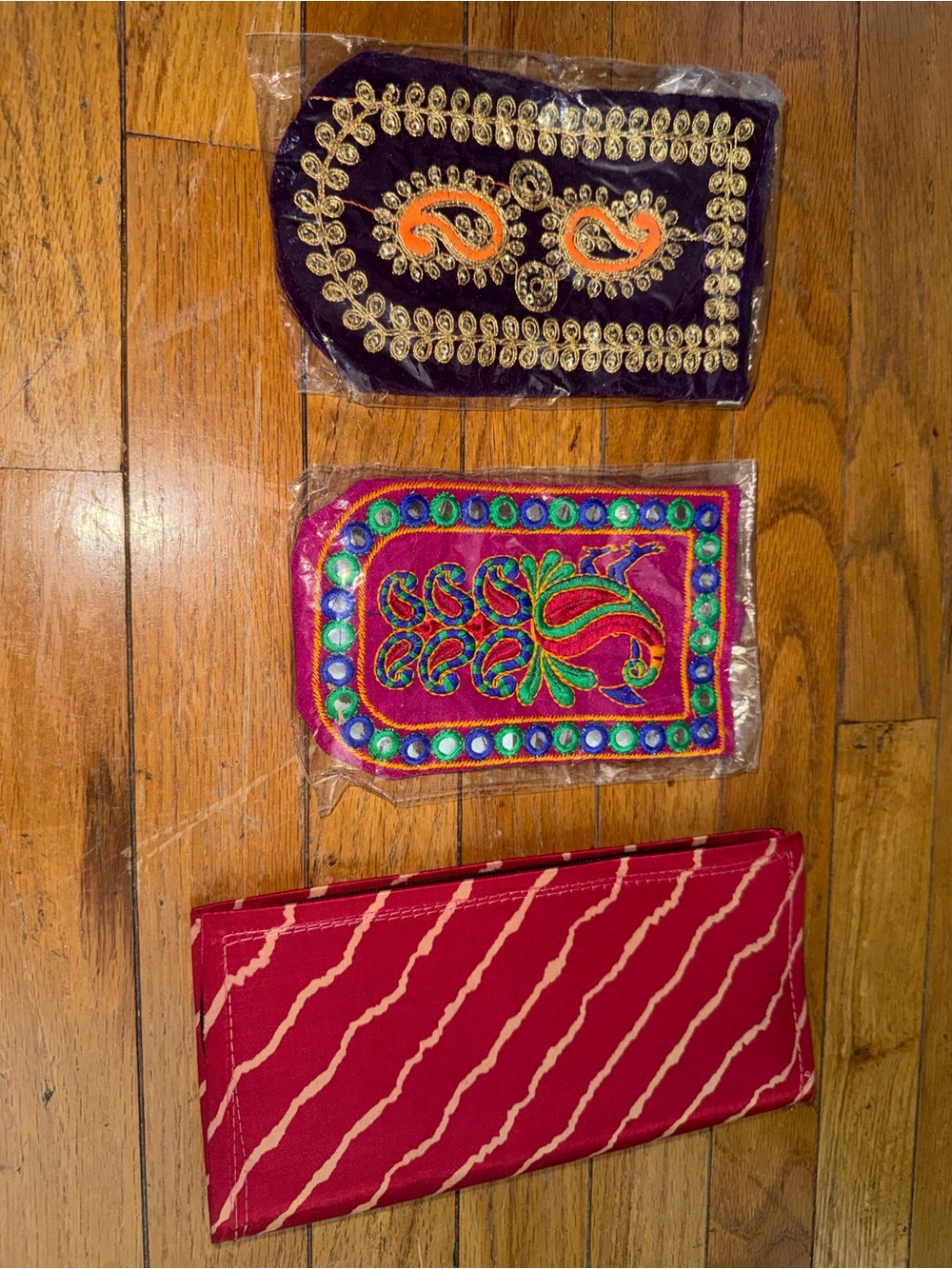 3 Handcrafted Embroidered Mini Bag Panels in Purple and Pink